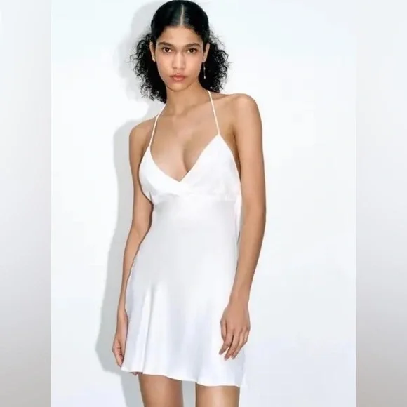 Zara Satin White Mini Dress with Rhinestones - Picture 1 of 5